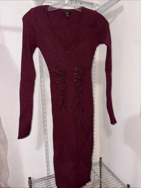 Guess Burgundy Ribbed Lace-Up Long Sleeve Dress